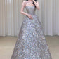 Gorgeous Ball Gown Straps Sequin Silver Long Evening Dress Prom Dresses Birthday Outfits C3586