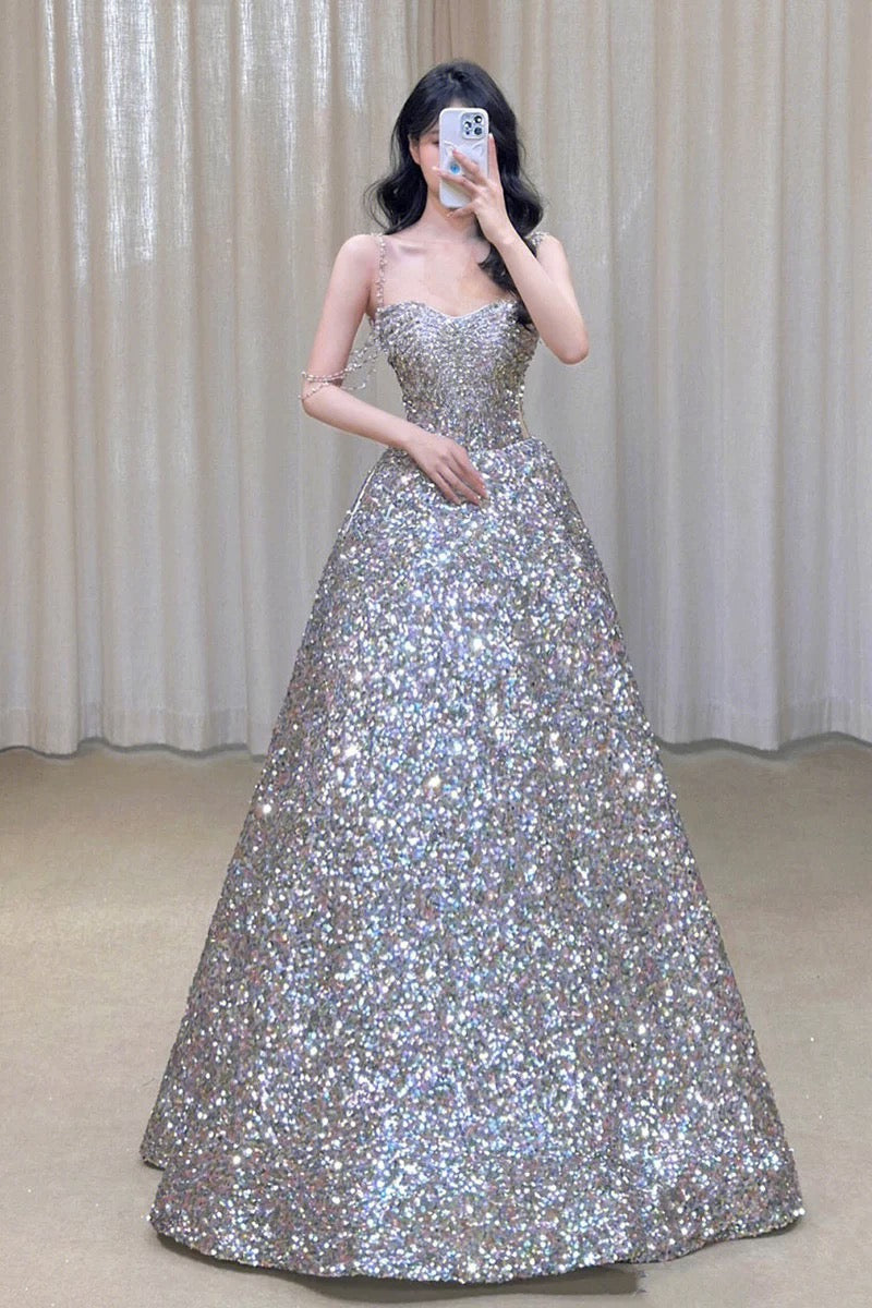 Gorgeous Ball Gown Straps Sequin Silver Long Evening Dress Prom Dresses Birthday Outfits C3586