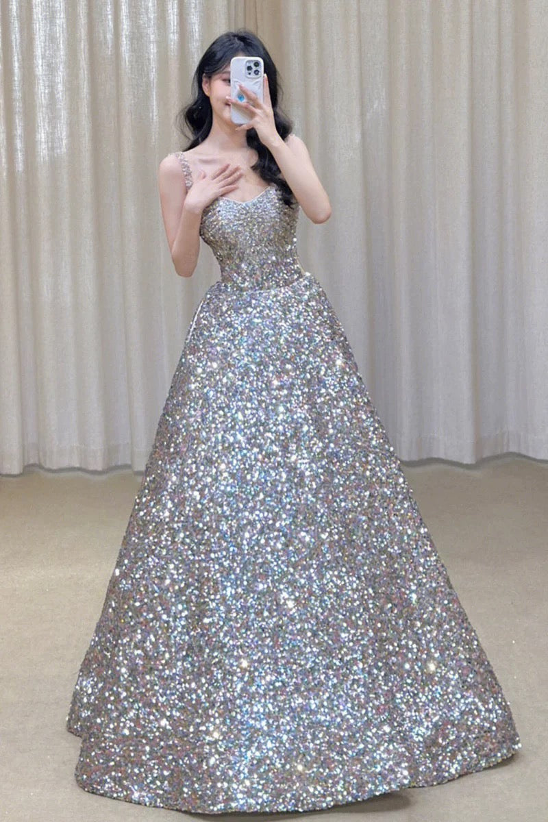 Gorgeous Ball Gown Straps Sequin Silver Long Evening Dress Prom Dresses Birthday Outfits C3586