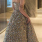 Gorgeous Ball Gown Straps Sequin Silver Long Evening Dress Prom Dresses Birthday Outfits C3586