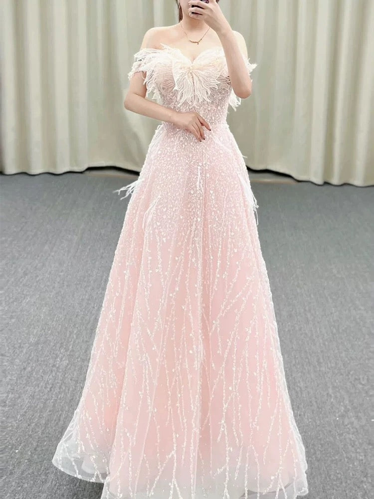 Gorgeous A Line Off The Shoulder Sequin Pink Long Evening Dress Prom Dresses Birthday Outfits C3588