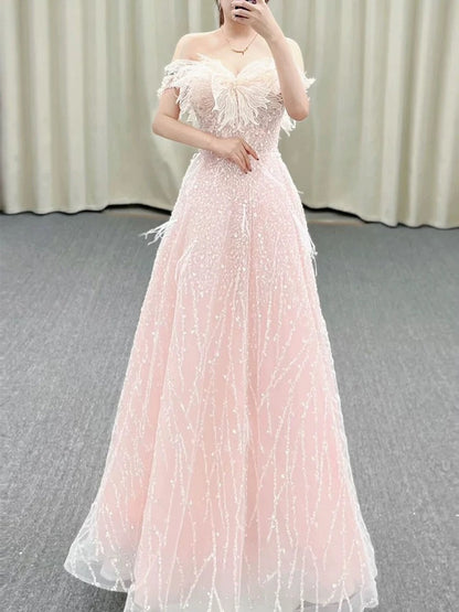 Gorgeous A Line Off The Shoulder Sequin Pink Long Evening Dress Prom Dresses Birthday Outfits C3588