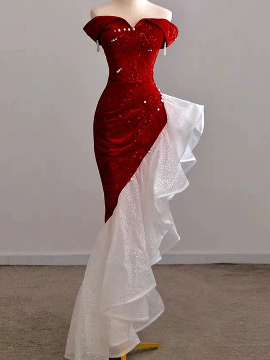 Gorgeous Sheath Off The Shoulder Sequin Red Evening Dress Prom Dresses Birthday Outfits C3589