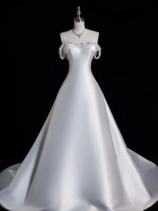 Élégante ligne A hors de l'épaule Satin perles longues robes de mariée blanches CC358