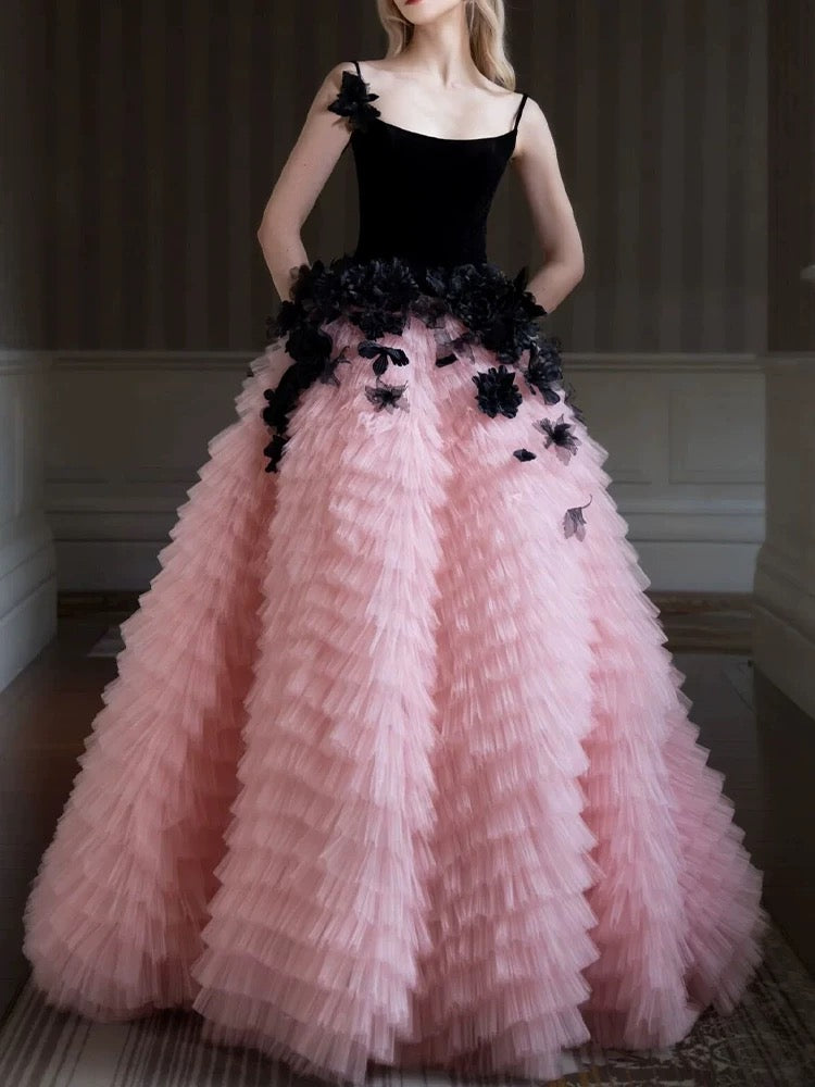 Pretty Ball Gown Straps Tulle Layers Long Pink Ruffles Prom Dresses Sweet 16 Dresses C3590