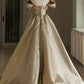 Pretty Ball Gown Off The Shoulder Gold Satin Long Ruffles Prom Dresses Sweet 16 Dresses C3591