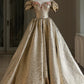 Pretty Ball Gown Off The Shoulder Gold Satin Long Ruffles Prom Dresses Sweet 16 Dresses C3591