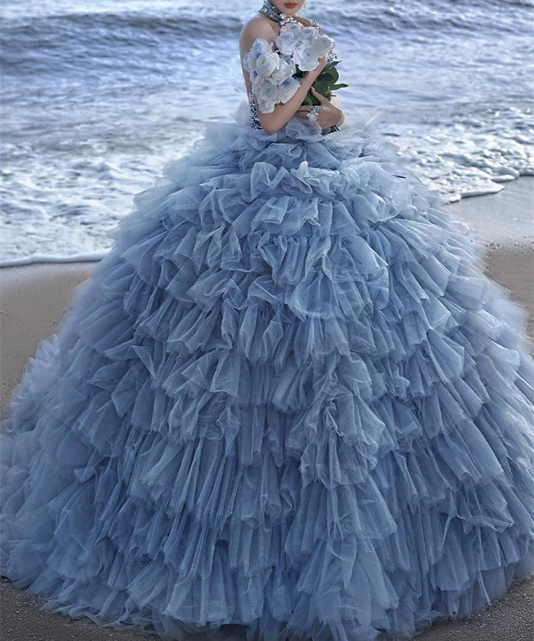 Pretty Ball Gown High Neckline Tulle Layers Long Blue Ruffles Prom Dresses Sweet 16 Dresses C3592