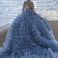 Pretty Ball Gown High Neckline Tulle Layers Long Blue Ruffles Prom Dresses Sweet 16 Dresses C3592