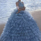 Pretty Ball Gown High Neckline Tulle Layers Long Blue Ruffles Prom Dresses Sweet 16 Dresses C3592