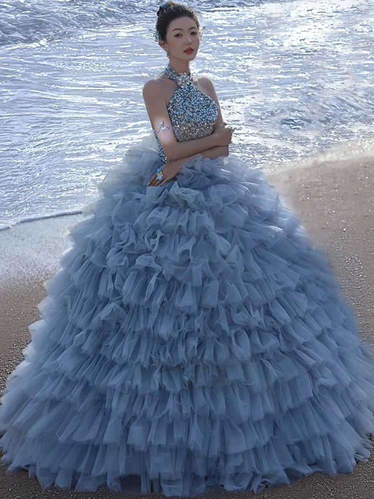 Pretty Ball Gown High Neckline Tulle Layers Long Blue Ruffles Prom Dresses Sweet 16 Dresses C3592