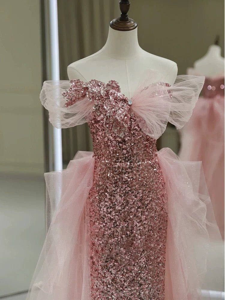 Superbe robe de soirée longue à paillettes rose à épaules dénudées, robe de bal, tenue d'anniversaire C3594