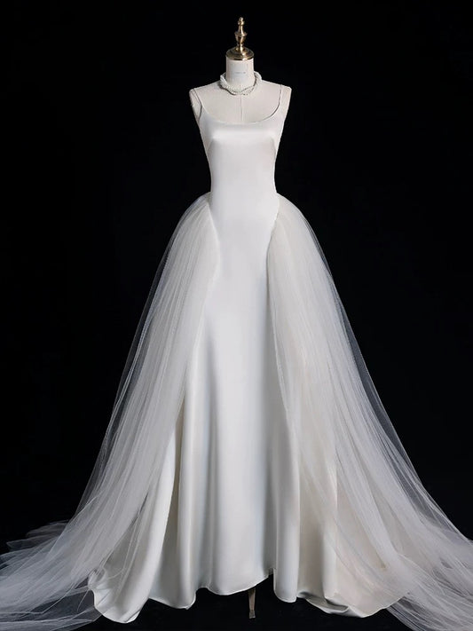 Chic Sheath Spaghetti Straps Sleeveless White Satin Wedding Dresses With Ruffles C3596