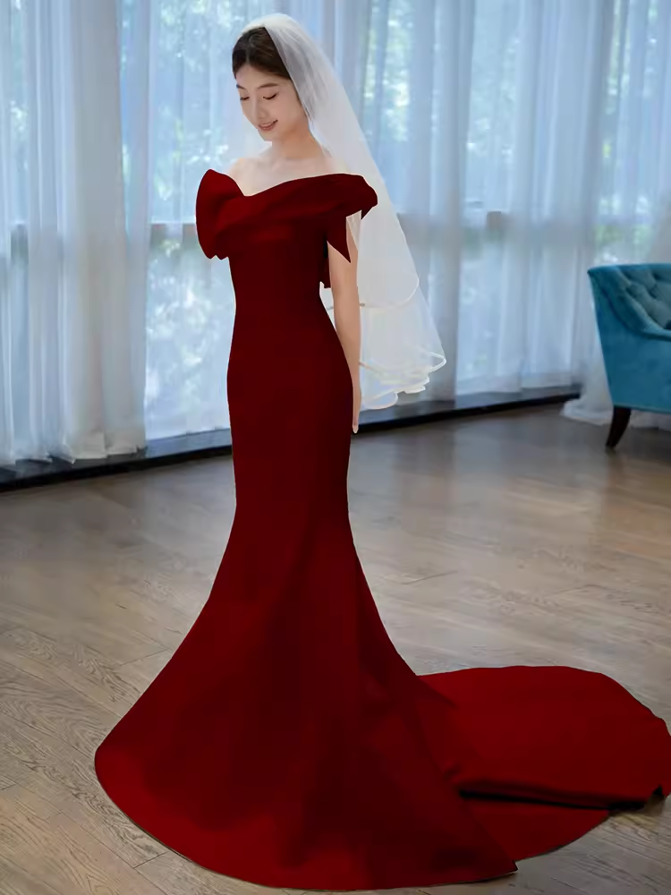 Sexy Mermaid Strapless Satin Long Burgundy Prom Dresses C35