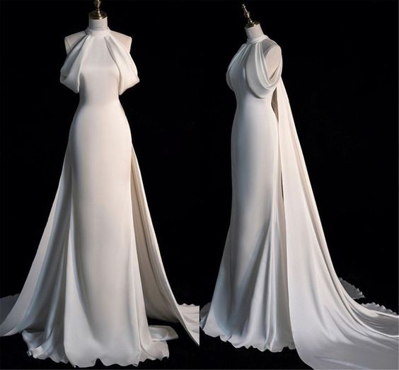 Robe de mariée sirène élégante en Satin, décolleté haut, longue, blanche, CC360