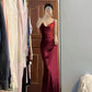 Robe de bal longue en satin bordeaux à bretelles spaghetti et jolie sirène C3603