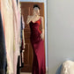 Robe de bal longue en satin bordeaux à bretelles spaghetti et jolie sirène C3603