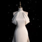 Chic Sheath High neckline Sleeveless Ivory Satin Long Wedding Dresses With Train C3605