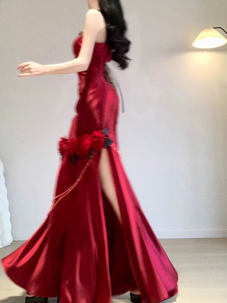 Robe de bal longue en satin bordeaux à une épaule style sirène vintage C3606