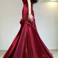 Robe de bal longue en satin bordeaux à une épaule style sirène vintage C3606