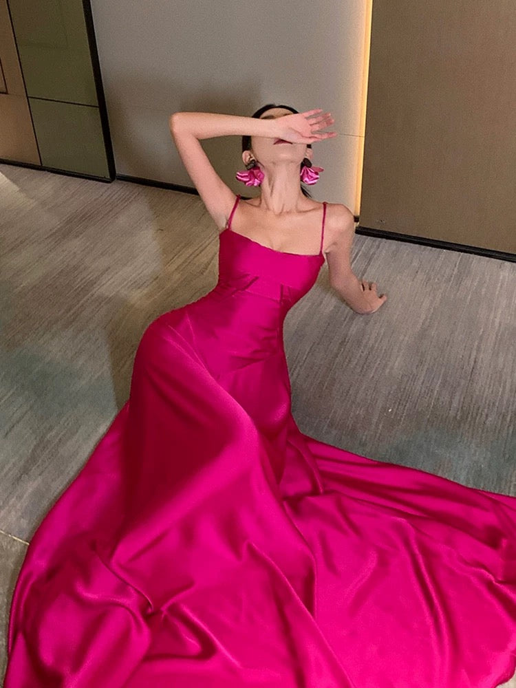 Gorgeous A line Spaghetti Straps Hot Pink Long Evening Dress Prom Dresses Birthday Outfits C3607