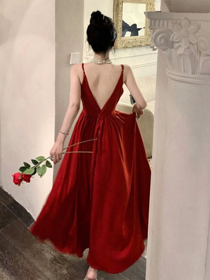 Superbe robe de soirée rouge à bretelles spaghetti et longueur cheville, robe de bal, tenue d'anniversaire, C3609