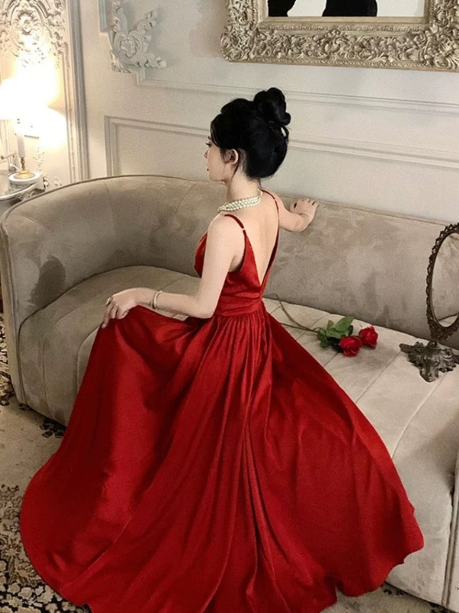 Superbe robe de soirée rouge à bretelles spaghetti et longueur cheville, robe de bal, tenue d'anniversaire, C3609