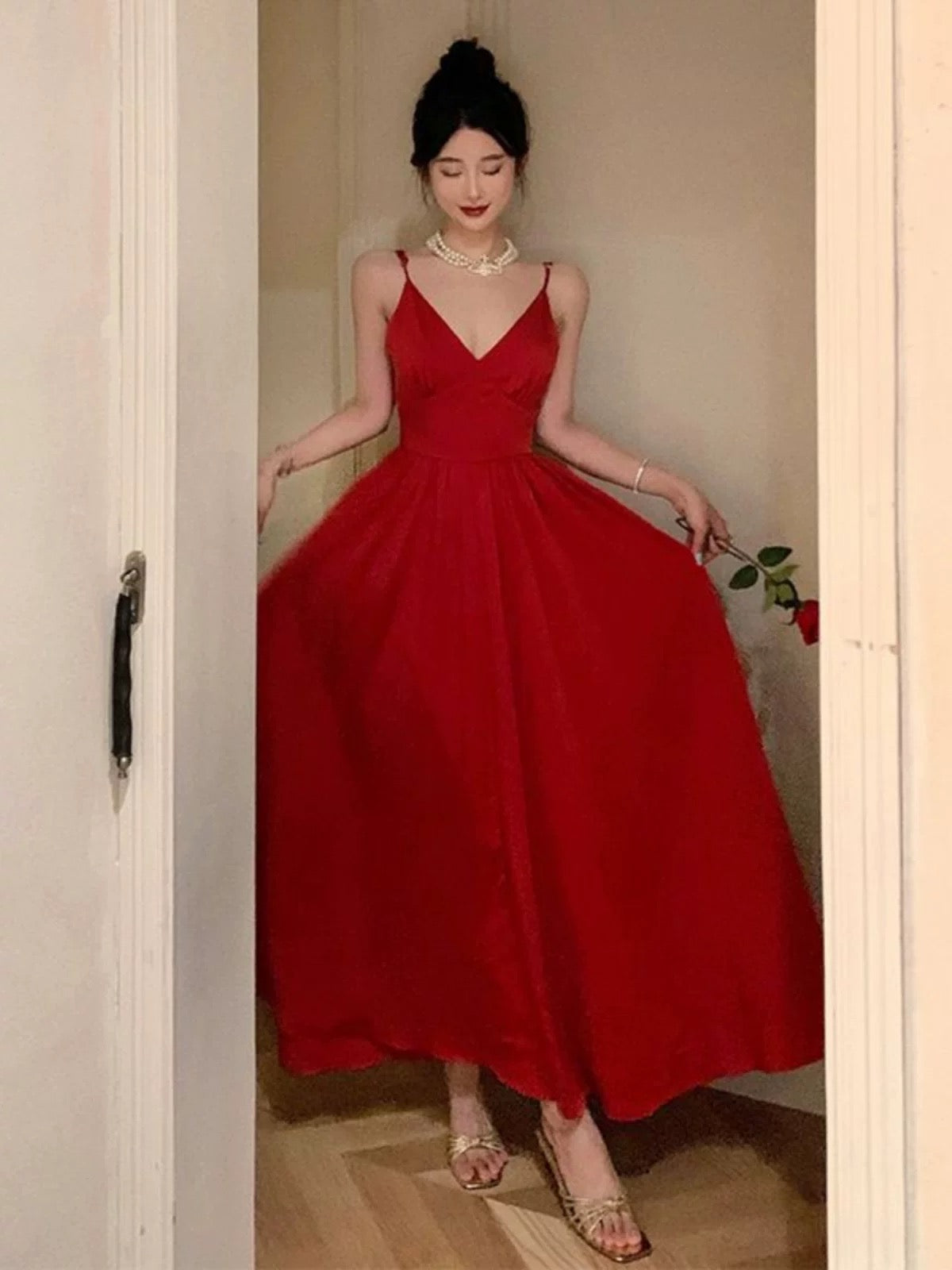 Superbe robe de soirée rouge à bretelles spaghetti et longueur cheville, robe de bal, tenue d'anniversaire, C3609