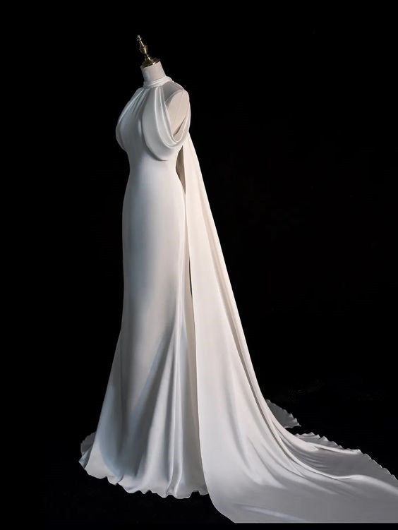 Elegant Mermaid High Neckline Satin Long White Wedding Dresses CC360