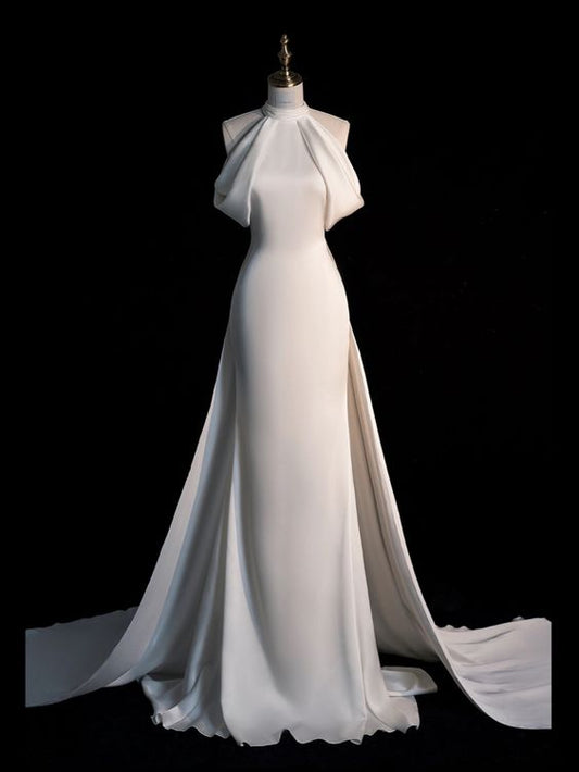 Robe de mariée sirène élégante en Satin, décolleté haut, longue, blanche, CC360