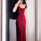 Vintage Mermaid Spaghetti Straps Burgundy Satin Long Floor Length Prom Dresses C3610