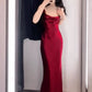 Vintage Mermaid Spaghetti Straps Burgundy Satin Long Floor Length Prom Dresses C3610