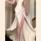 Vintage Mermaid Spaghetti Straps Champagne Satin Long Floor Length Prom Dresses C3611