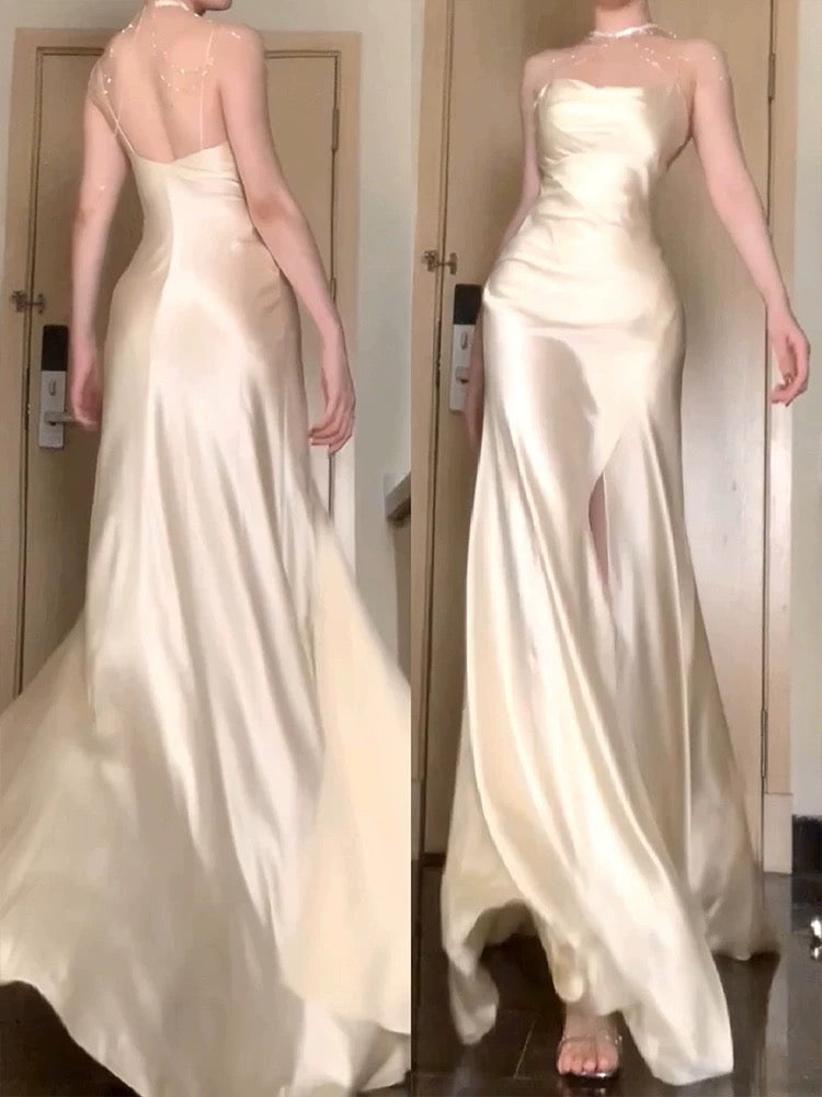 Vintage Mermaid Spaghetti Straps Champagne Satin Long Floor Length Prom Dresses C3611