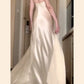 Vintage Mermaid Spaghetti Straps Champagne Satin Long Floor Length Prom Dresses C3611