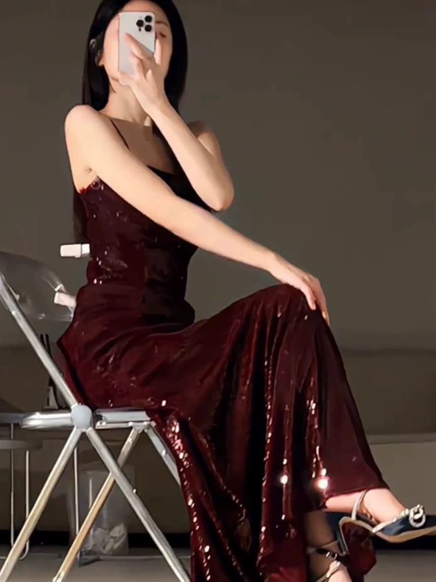 Gorgeous Mermaid Spaghetti Straps Burgundy Sequin Evening Dress Prom Dresses Birthday Outfits C3619