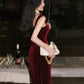 Gorgeous Mermaid Straps Burgundy Velvet Evening Dress Prom Dresses Birthday Outfits C3620