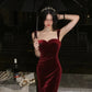 Gorgeous Mermaid Straps Burgundy Velvet Evening Dress Prom Dresses Birthday Outfits C3620