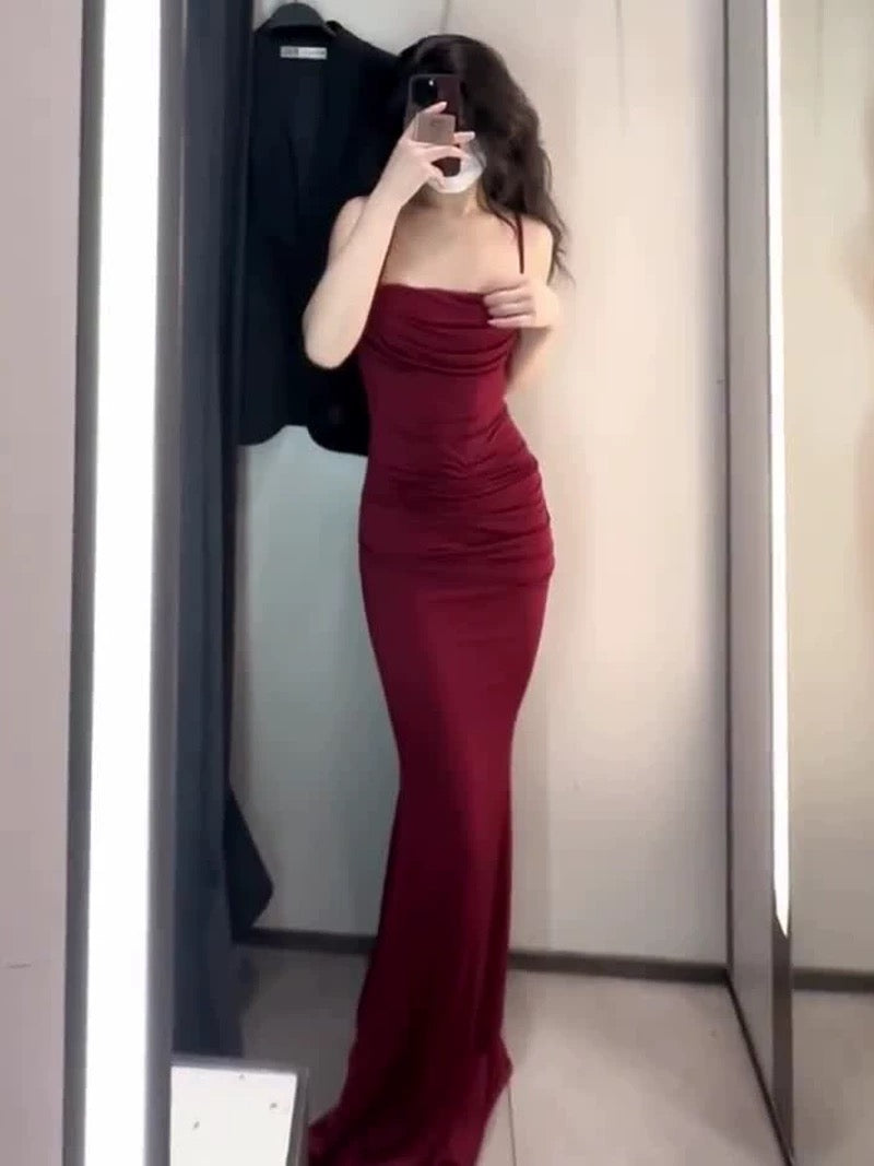 Gorgeous Mermaid Spaghetti Straps Burgundy Evening Dress Prom Dresses Birthday Outfits C3624