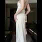 Vintage Mermaid Spaghetti Straps White Satin Long Birthday Dress Prom Dresses C3629