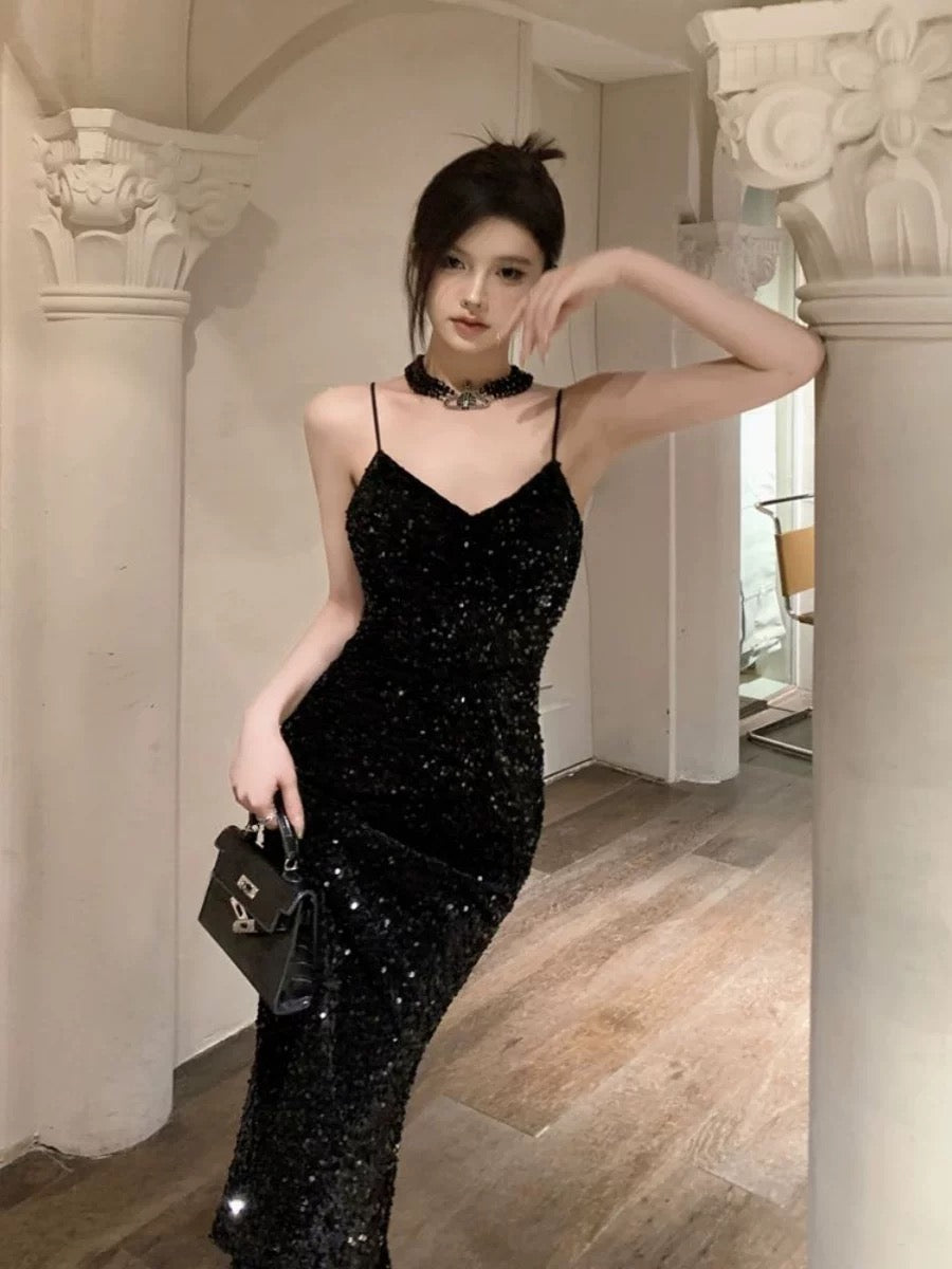 Superbe robe de soirée noire à bretelles spaghetti et paillettes, tenue de bal, d'anniversaire, C3630