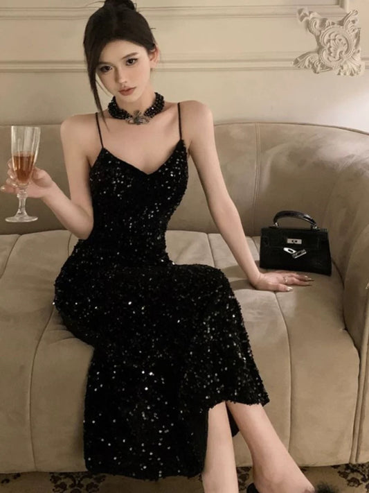 Superbe robe de soirée noire à bretelles spaghetti et paillettes, tenue de bal, d'anniversaire, C3630