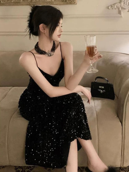 Superbe robe de soirée noire à bretelles spaghetti et paillettes, tenue de bal, d'anniversaire, C3630