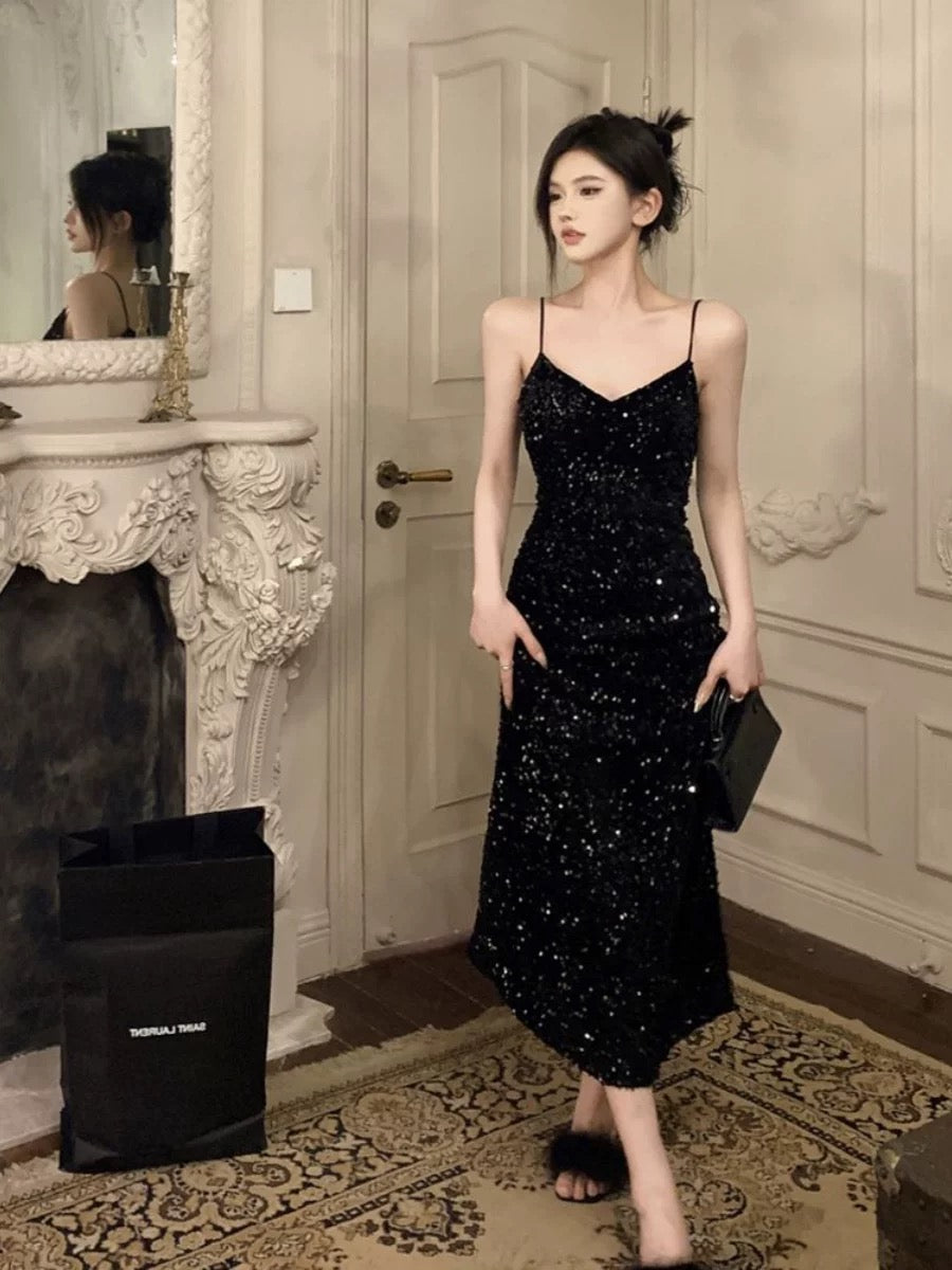 Superbe robe de soirée noire à bretelles spaghetti et paillettes, tenue de bal, d'anniversaire, C3630