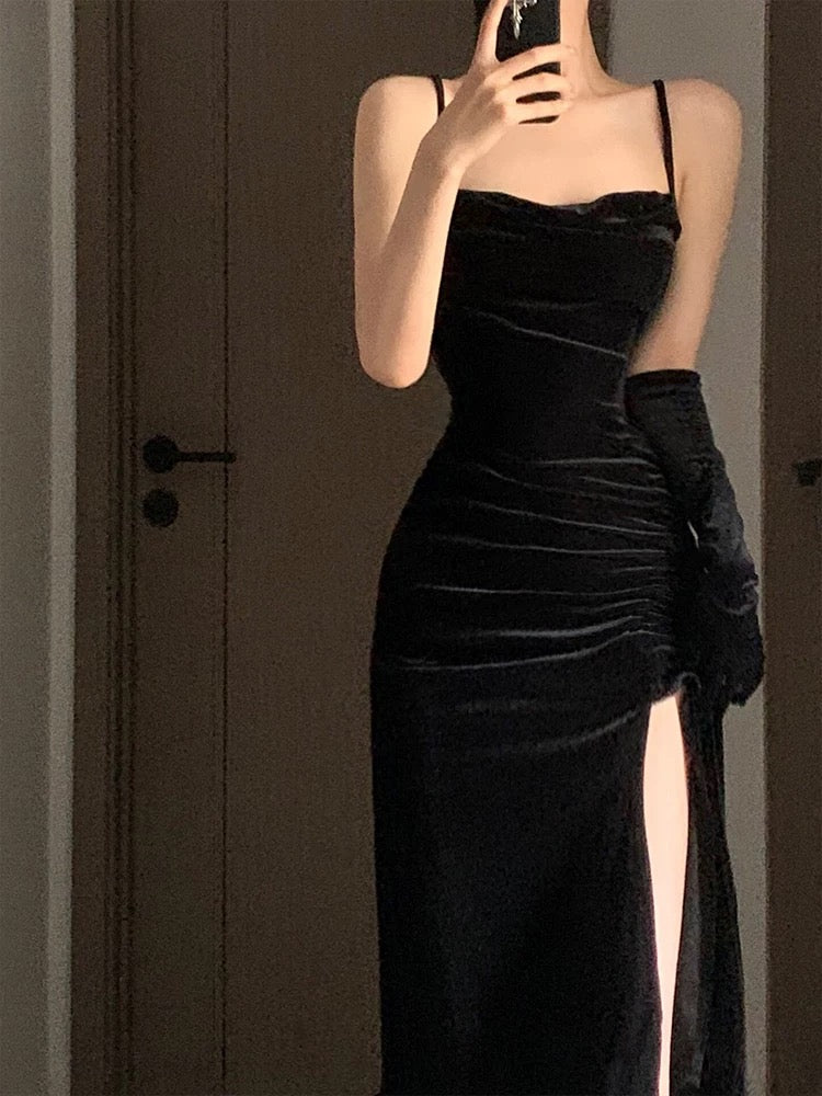 Superbe robe de soirée en velours noir à bretelles spaghetti et gaine, robe de bal, tenue d'anniversaire, C3632