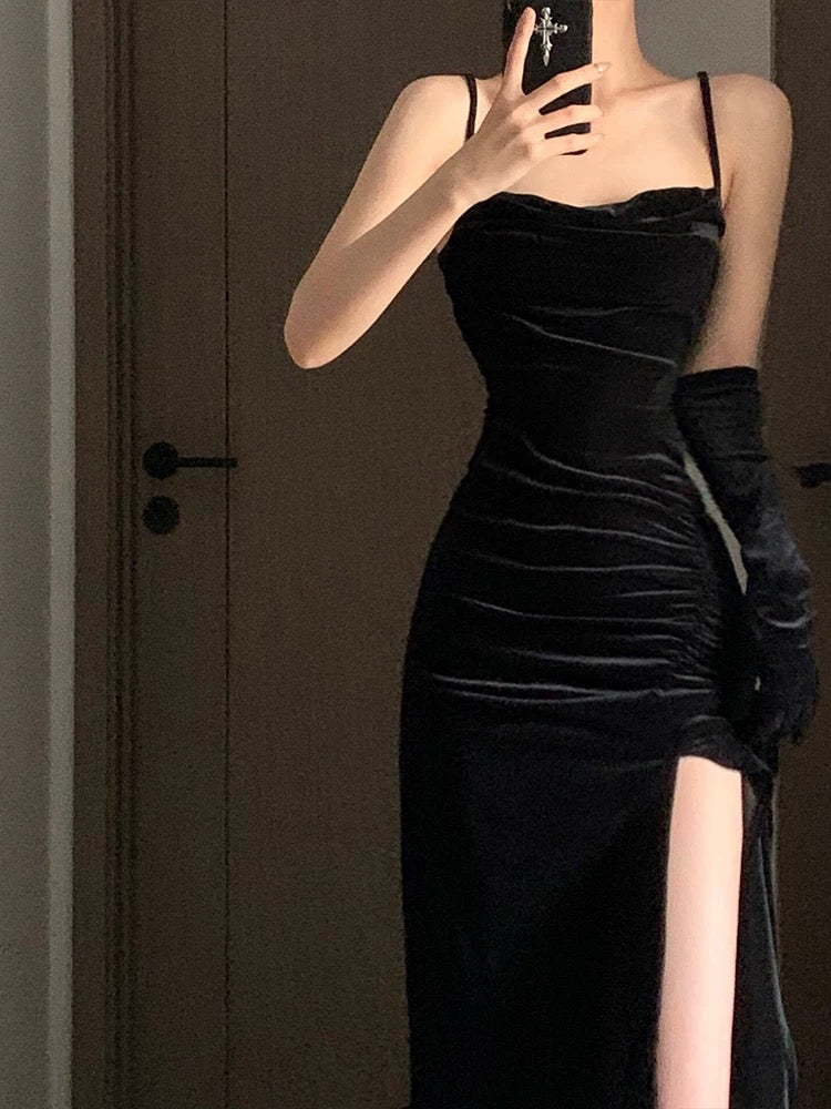 Superbe robe de soirée en velours noir à bretelles spaghetti et gaine, robe de bal, tenue d'anniversaire, C3632