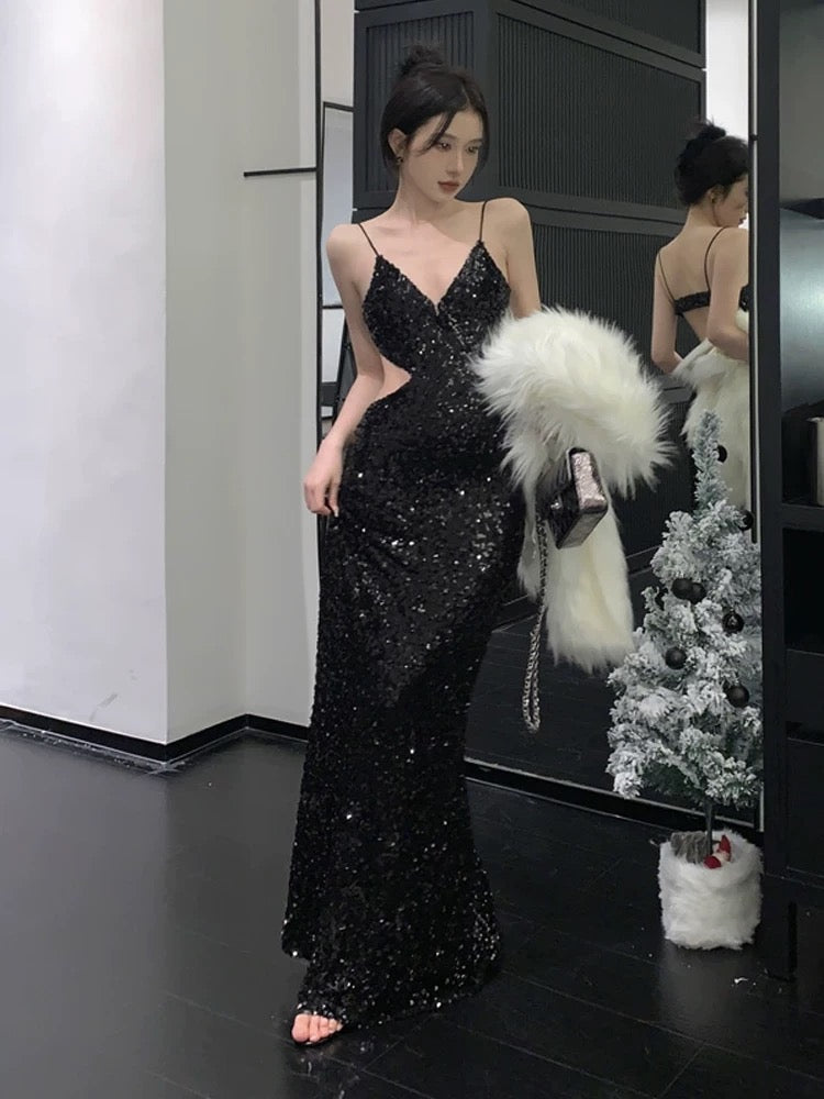 Superbe robe de soirée noire à bretelles spaghetti et paillettes, tenue de bal, d'anniversaire, C3633