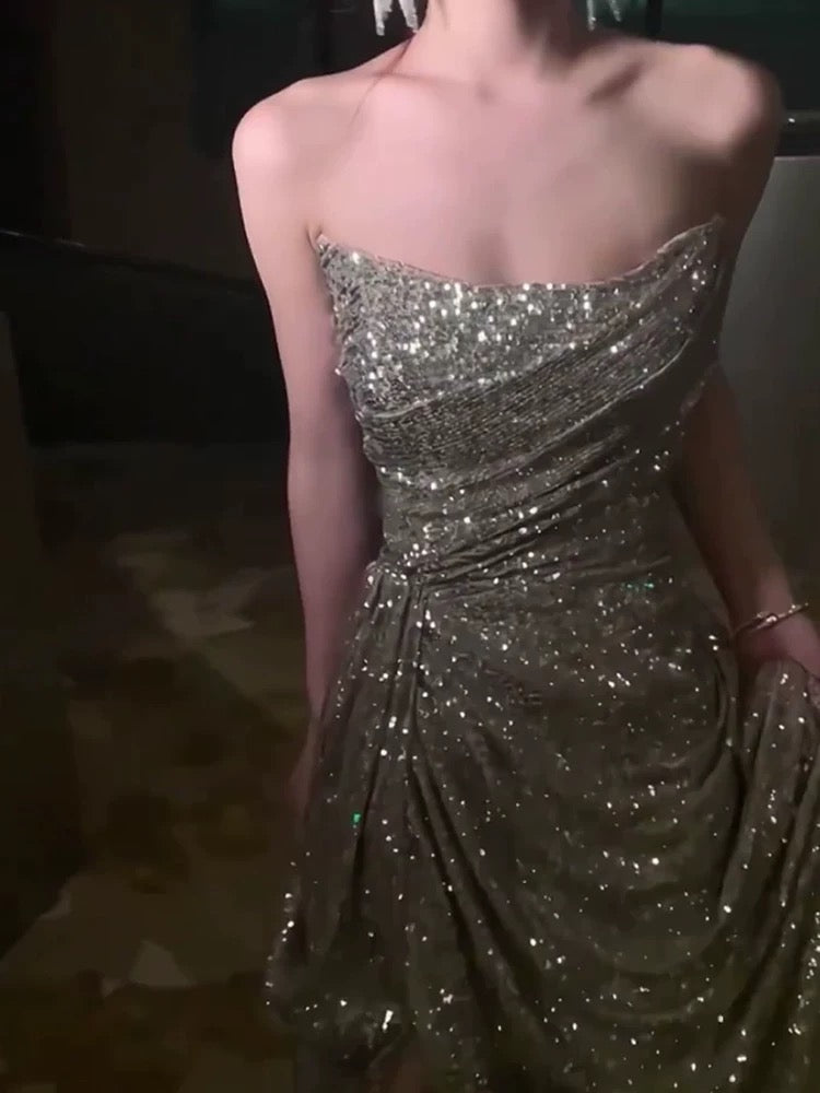 Robe de soirée sexy à paillettes champagne sans bretelles, robe de bal, tenue d'anniversaire, C3638