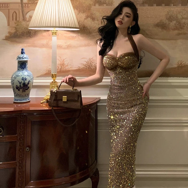 Robe de soirée mi-longue à paillettes et col licou sexy, tenue de bal, tenue d'anniversaire, C3640