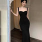 Vintage Mermaid Straps Black Satin Long Birthday Dress Prom Dresses C3642